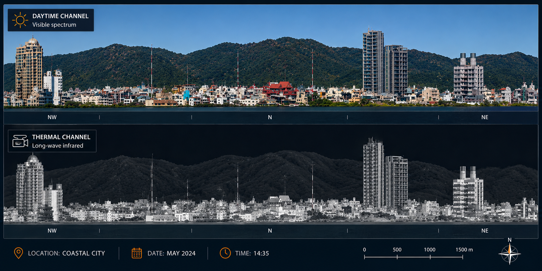 Panoramic view of the horizon in the visible-light and thermal imaging channels