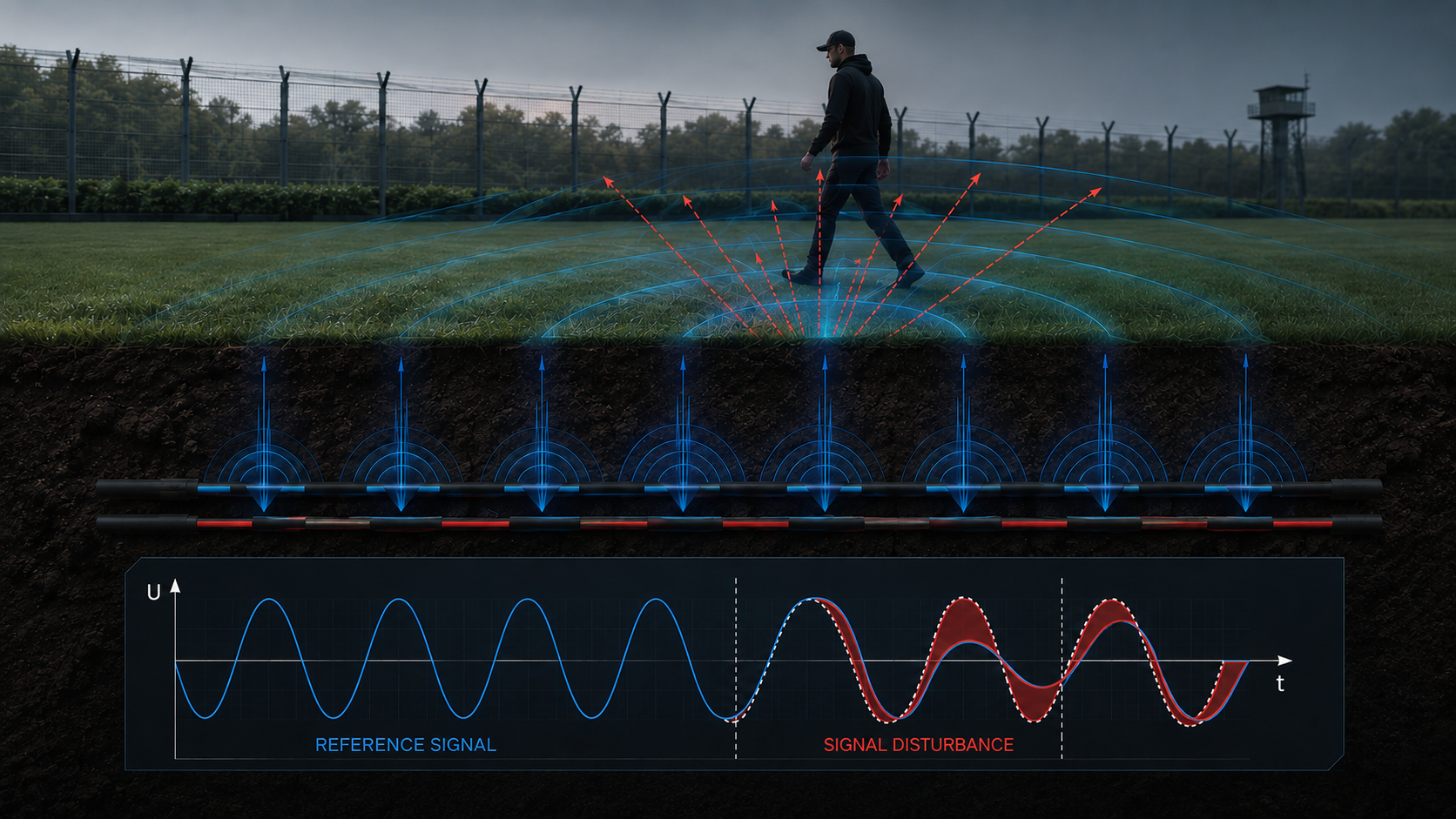 An intruder in the detection zone disturbing the electromagnetic field, with a graph of the received signal deviating from its baseline
