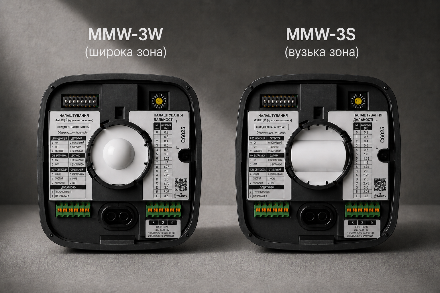 Внутрішня будова датчиків MMW-3W і MMW-3S: лінза, перемикачі функцій, перемикач дальності та клемник