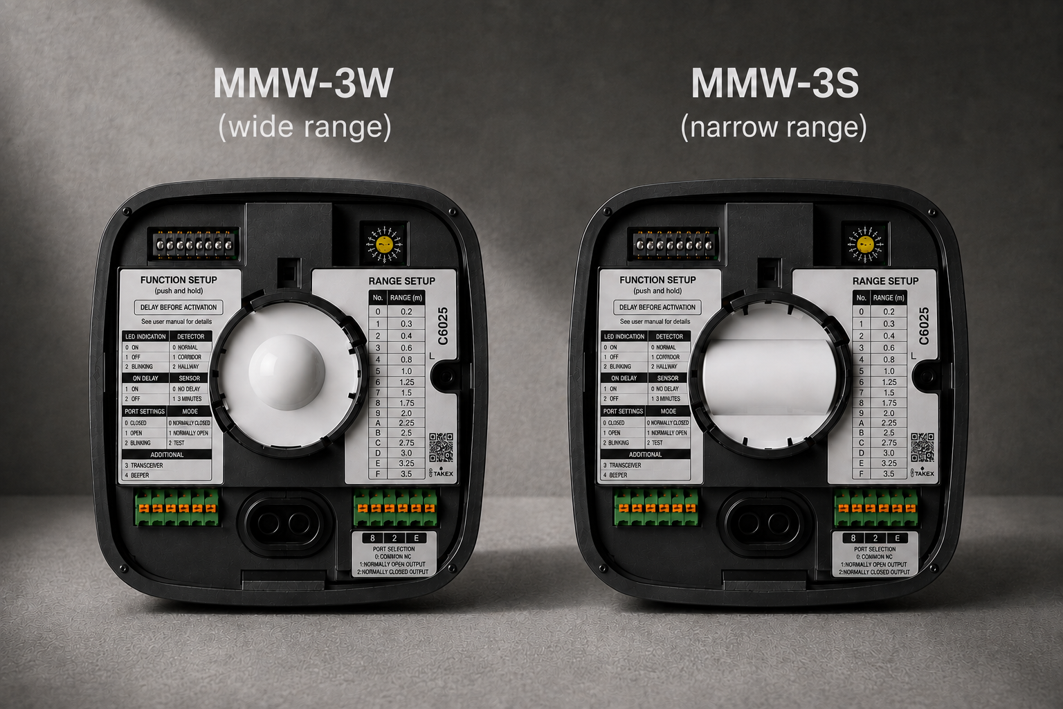 Internal layout of the MMW-3W wide type and MMW-3S spot type: lens, function switches, detection range selector, and terminal block