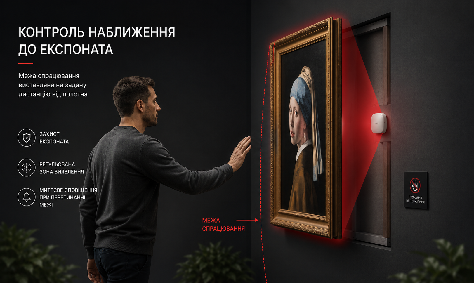 Контроль наближення до експоната: межа спрацювання виставлена на задану дистанцію від полотна