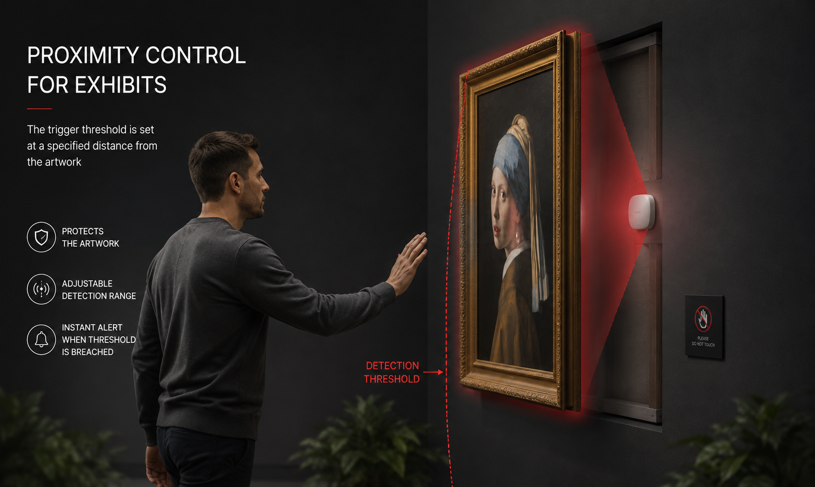 Proximity control for exhibits: the detection boundary set at a defined distance from the artwork