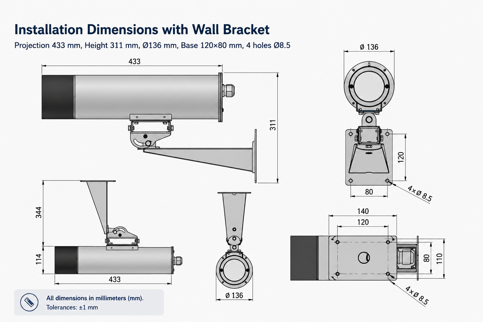 Installation dimensions for CSX610T / CSX615T POE with wall-mount bracket