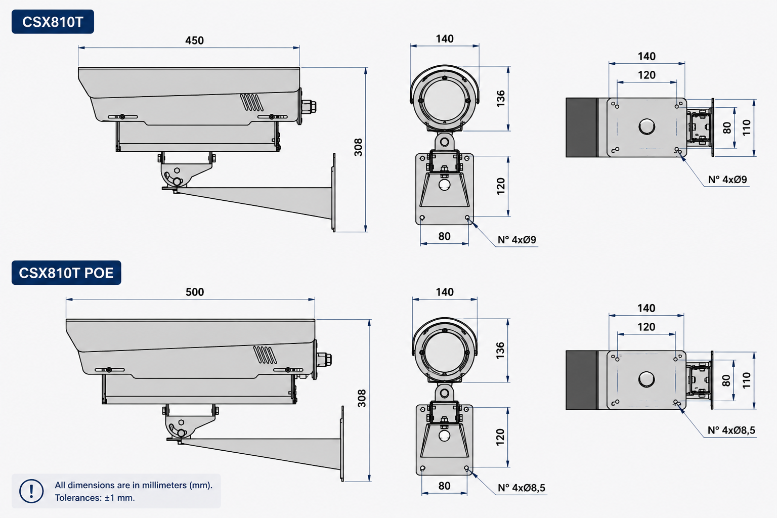 Installation dimensions for CSX810T / CSX815T POE with wall-mount bracket