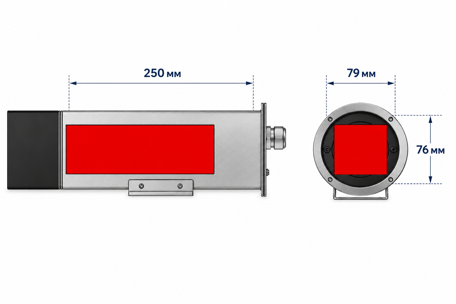 Usable internal space of the smaller housing size: 250 mm length, 79 × 76 mm cross-section