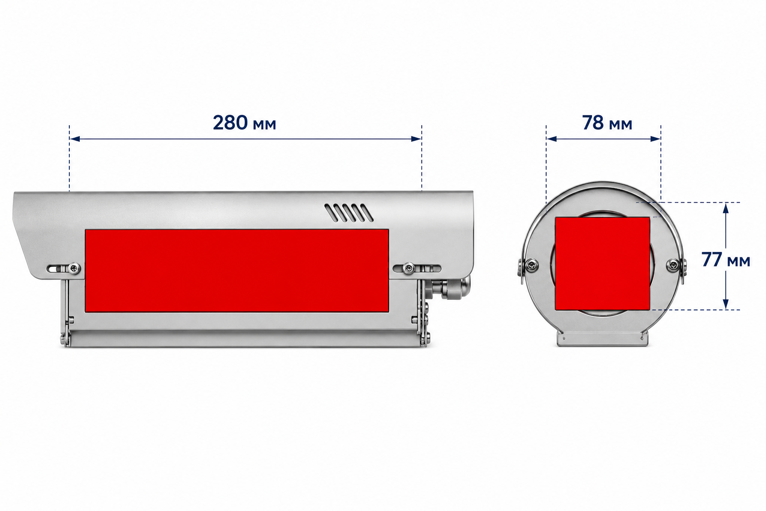 Usable internal space of the larger housing size: 280 mm length, 78 × 77 mm cross-section
