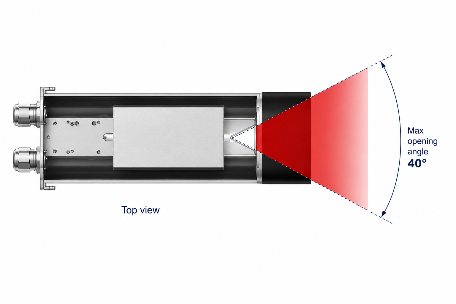 Diagram of the maximum 40° field of view through the housing optical window