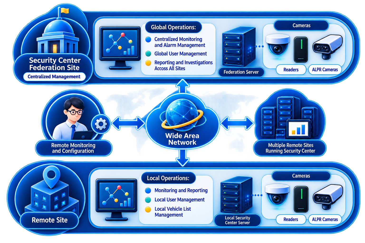Diagram of Federation architecture: remote Security Center sites connected to a central system