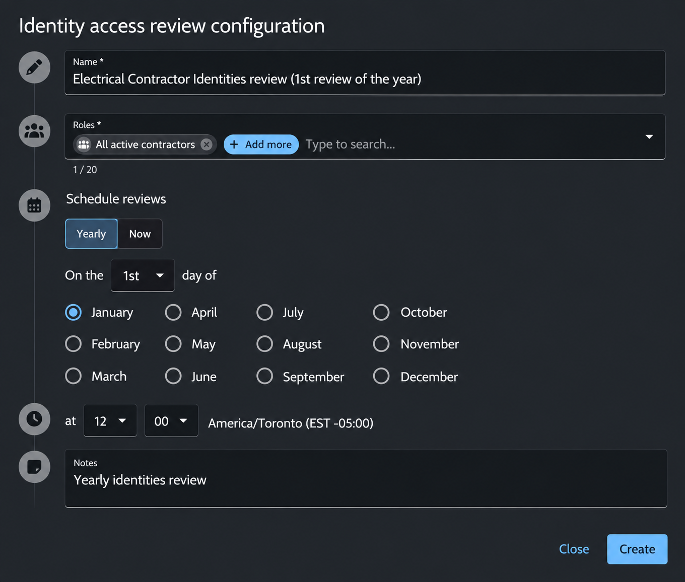 Diagram of a scheduled access review configuration: covered roles, review frequency, and start time