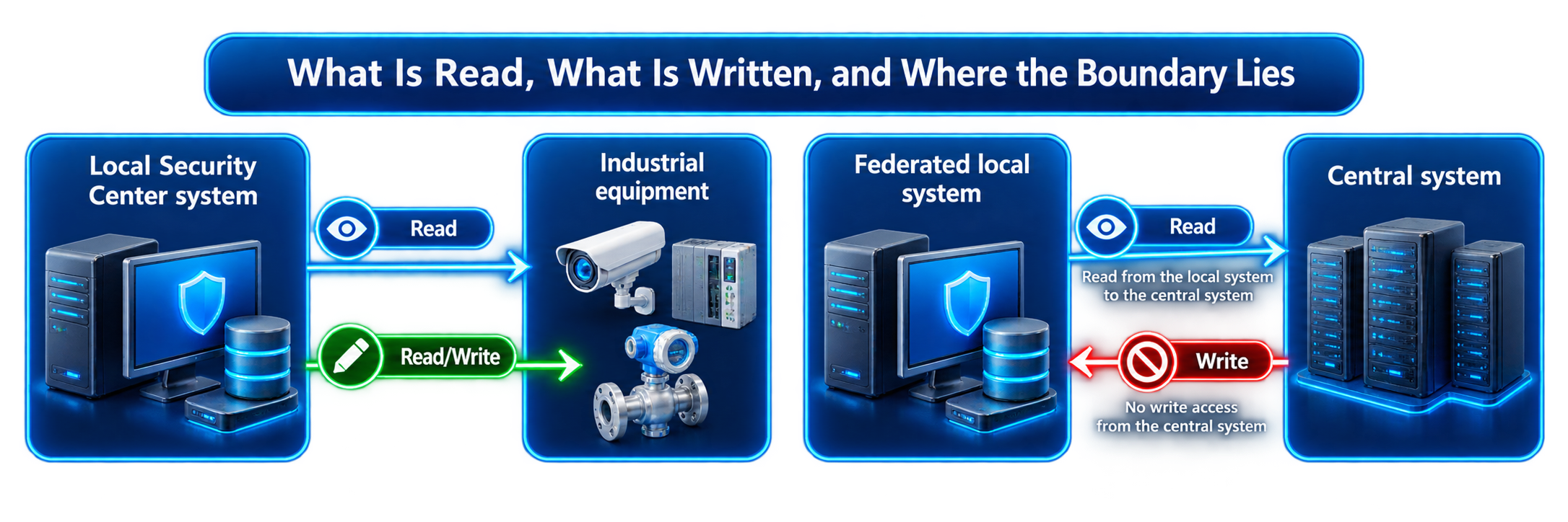 Diagram: monitoring is centralized, while command execution remains at the local site